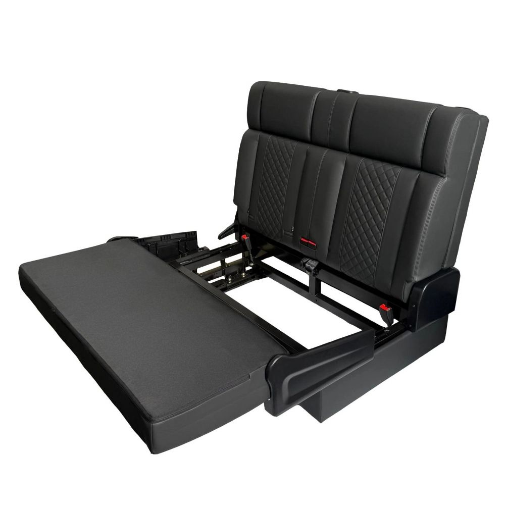 3/4 Black Campervan Rock & Roll Bed – Quilted PU Leather with Seat Belts - Image 4